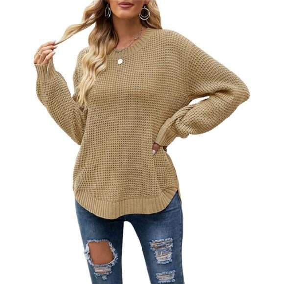 ✨ Women’s Waffle Knit Pullover Sweater | Lantern Sleeve Crewneck Loose Fit ✨ - Picture 3 of 6